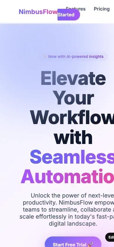 NimbusFlow home page on a phone, the purple gradient hero filling the screen